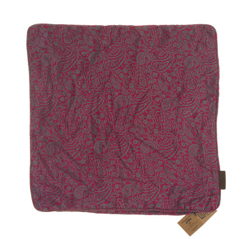 Seidenkissenbezug 50x50 cm im Sari-Stil mit farbenfrohem Palmenblattmuster in Rot und Grün auf warmem Beige-Hintergrund, orientalisch-boho.
