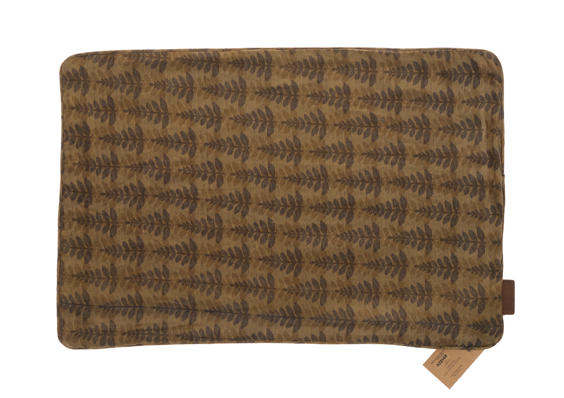 Silke pudebetræk 60x40 cm i varm oliven og brun med mørkt bladmønster, etnisk indisk orientalsk sari pudebetræk i boho vintage stil.