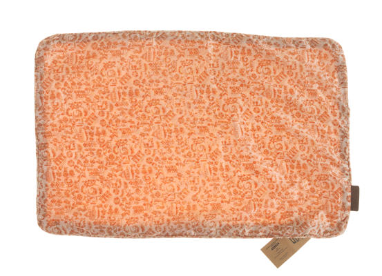 Einzigartiger Seidenkissenbezug 60x40 cm in Korallenorange mit dichtem Ornamentmuster und Vintage-Kissen im orientalischen Boho-Stil