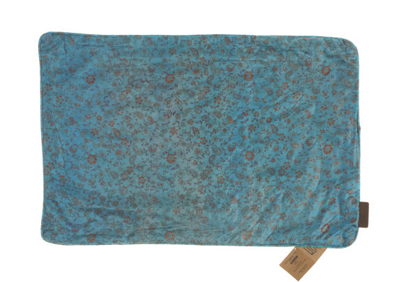 Einzigartiger Seidenkissenbezug 60 x 40 cm in Türkisblau mit kleinen orangefarbenen Mustern, Vintage-orientalisches Boho-Kissen im indischen Sari-Stil mit farbenfrohem Muster