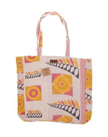 Patchwork-quiltet tote-taske med lyserødt, gult og orange abstrakt blomsterprint og skulderstropper