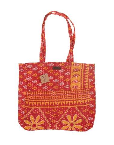 Rød og orange mønstret bomuldstaske med blomster- og geometrisk print på hvid baggrund