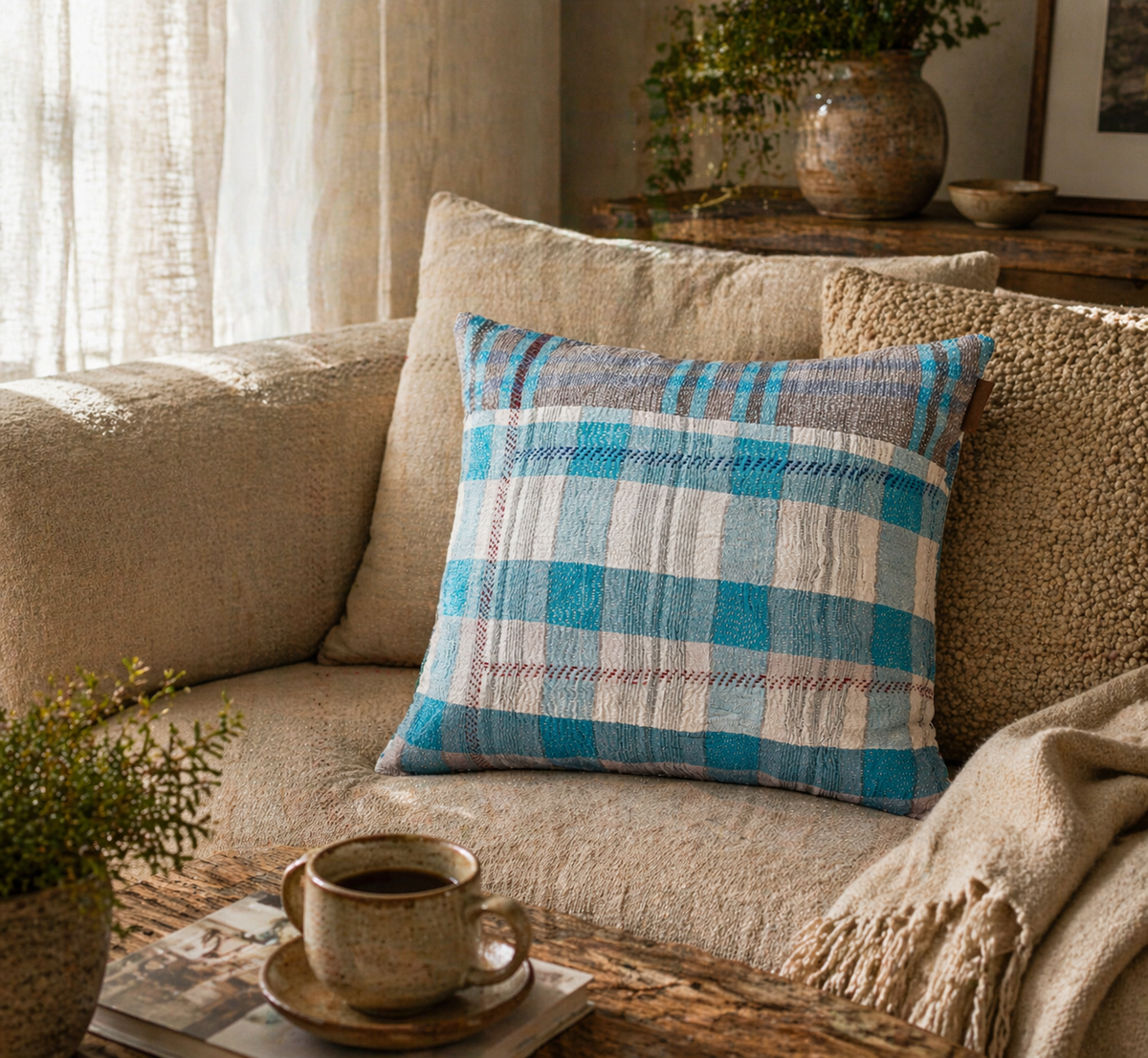 Sari-Kissenbezug 50x50 mit Boho-Vintage-Karomuster in Türkis, Blau und Beige, indisch/palmyra-Musteroptik und farbenfrohem ethnischem Textil für Sari-Kissen und einzigartige Kissen