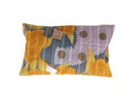 Sari-Kissenbezug 30x50 in Senfgelb mit beigen, cremefarbenen und helltürkisfarbenen Mustern, Kreisen und Ornamenten - einzigartiger indischer Kissenbezug im Vintage-/Boho-Stil.