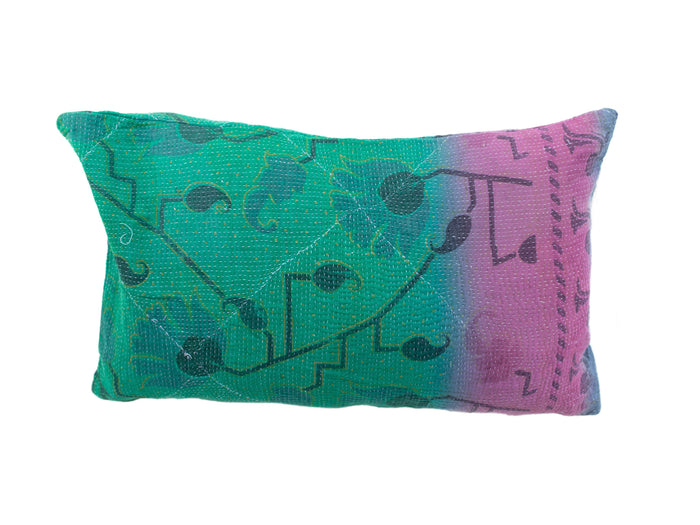 Sari-Kissenbezug 30x50 in Lila/Pastellrosa mit bunten Blumen, orientalischen Mustern und Boho-Streifen in Senfgelb und Hellblau - einzigartiger indischer Kissenbezug (Sari-Kissen)