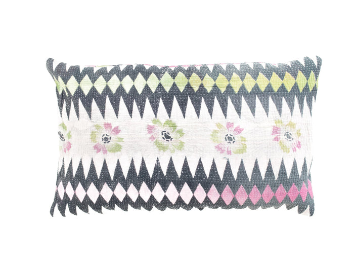 Einzigartiger indischer Sari-Kissenbezug (30 x 50 cm) mit farbenfrohem Boho-Muster in Grün- und Lila-/Rosatönen – Sari-Kissen, Vintage-/Upcycling-Kissenbezug aus Indien
