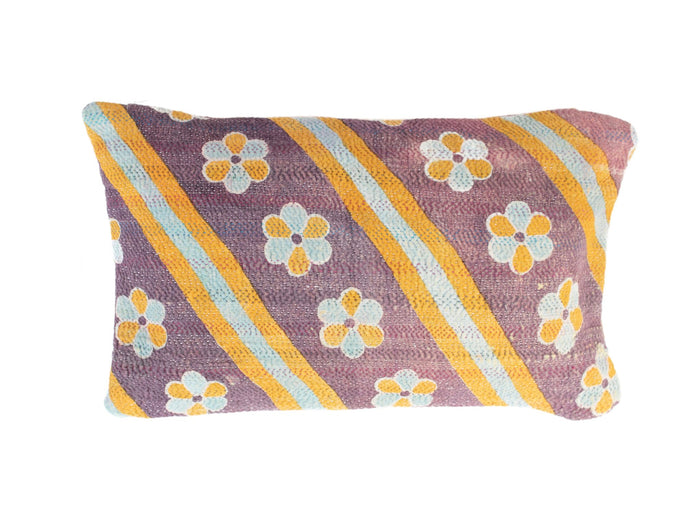 Einzigartiger Sari-Kissenbezug in 30x50 cm mit farbenfrohem orange-weißem Muster, orientalischen Blumen/Ornamenten und Sari-Kissen-Look im Bohème-Stil (indisch, Vintage/Upcycling)