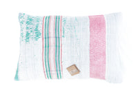 Sari pillowcase 60x40 in colorful vintage boho style with pink, green and purple flower/leaf pattern and Indian ethnic details as a unique sari pillow for sofa and bed.