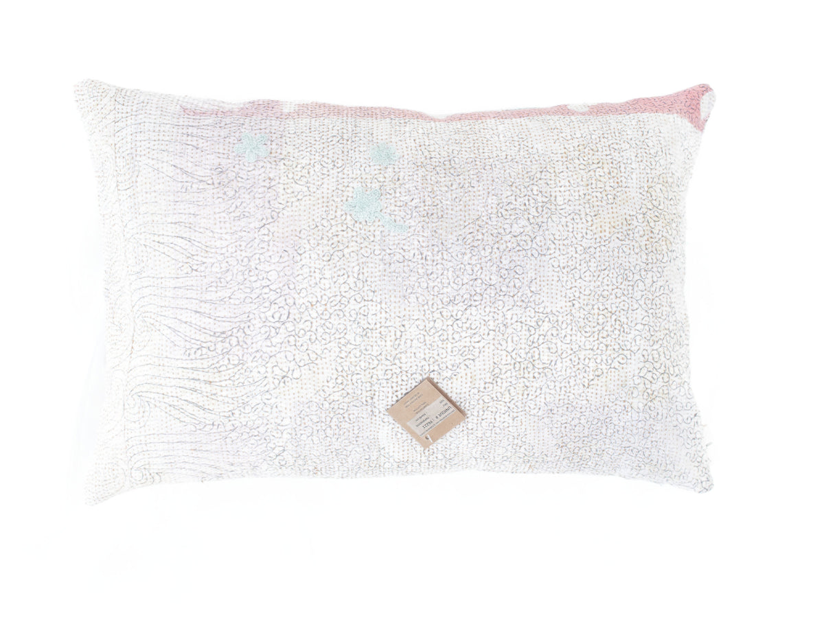 Sari-Kissenbezug 60x40 mit farbenfrohem Boho-Muster in Blau, Beige und Rosa, indisches Vintage-Sari-Kissen mit ethnischen orientalischen Streifen und textilähnlichen Stickereien