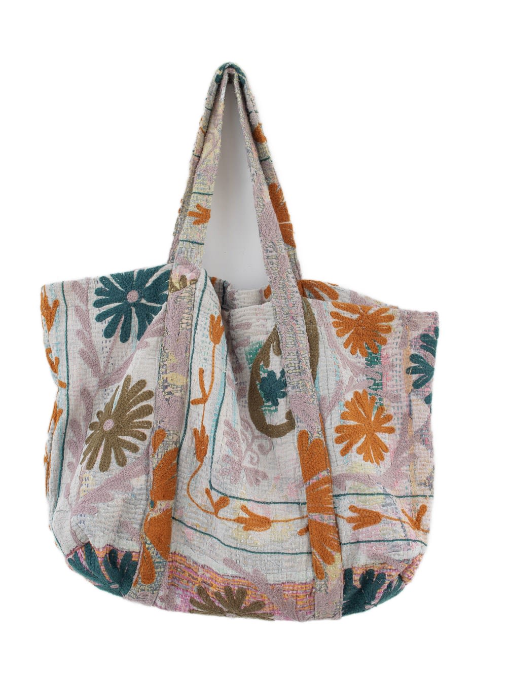 Vintage-Suzani-Strandtasche mit Stickerei in Rosa, Orange, Blaugrün und Olivgrün, Vorderansicht
