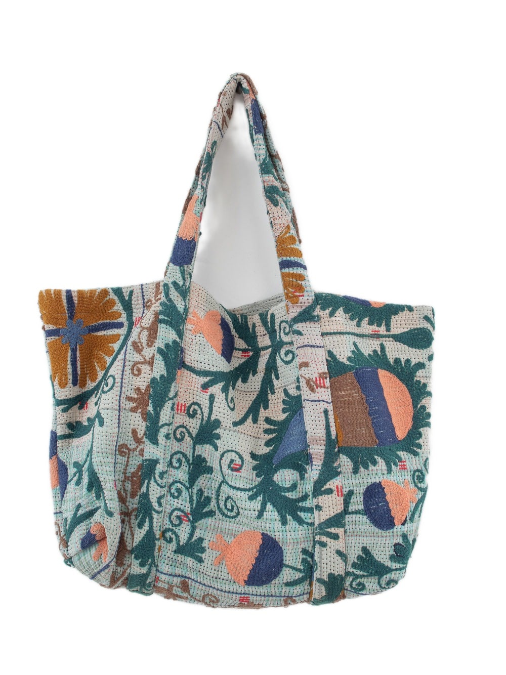 Vintage-Suzani-Strandtasche mit Stickerei in Blaugrün, Orange und Dunkelblau, Vorderansicht