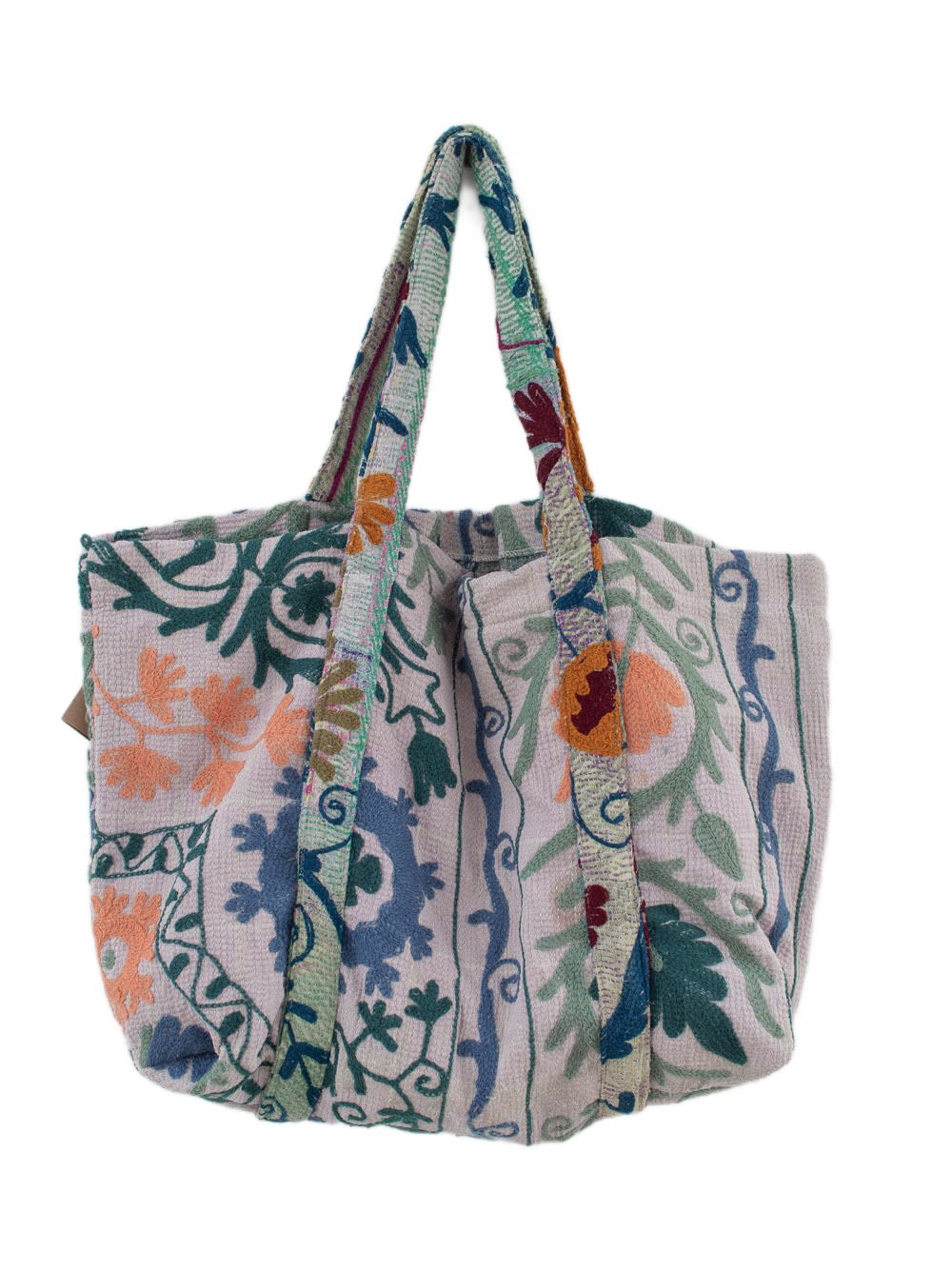 Vintage-Suzani-Strandtasche mit Stickerei in Blau, Grün, Rosa und Pfirsich, Vorderansicht