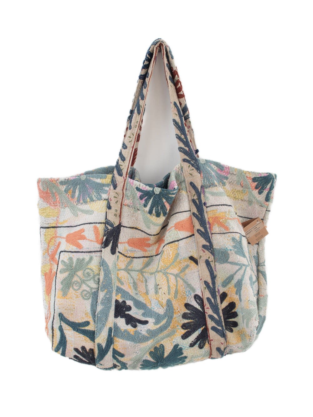 Vintage-Suzani-Strandtasche mit Stickerei in Dunkelblau, Gelb, Grün und Pfirsich, Vorderansicht