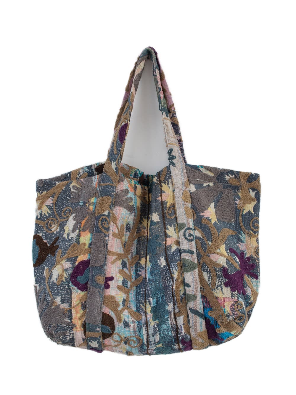 Vintage-Suzani-Strandtasche mit Stickerei in Dunkelblau, Grau, Creme, Türkis und Lila, Vorderansicht
