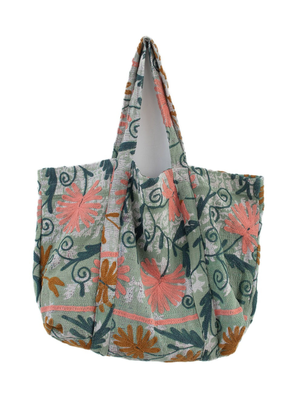 Vintage-Suzani-Strandtasche mit Stickerei in Hellgrün, Dunkelgrün, Rosa und Ocker, Vorderansicht