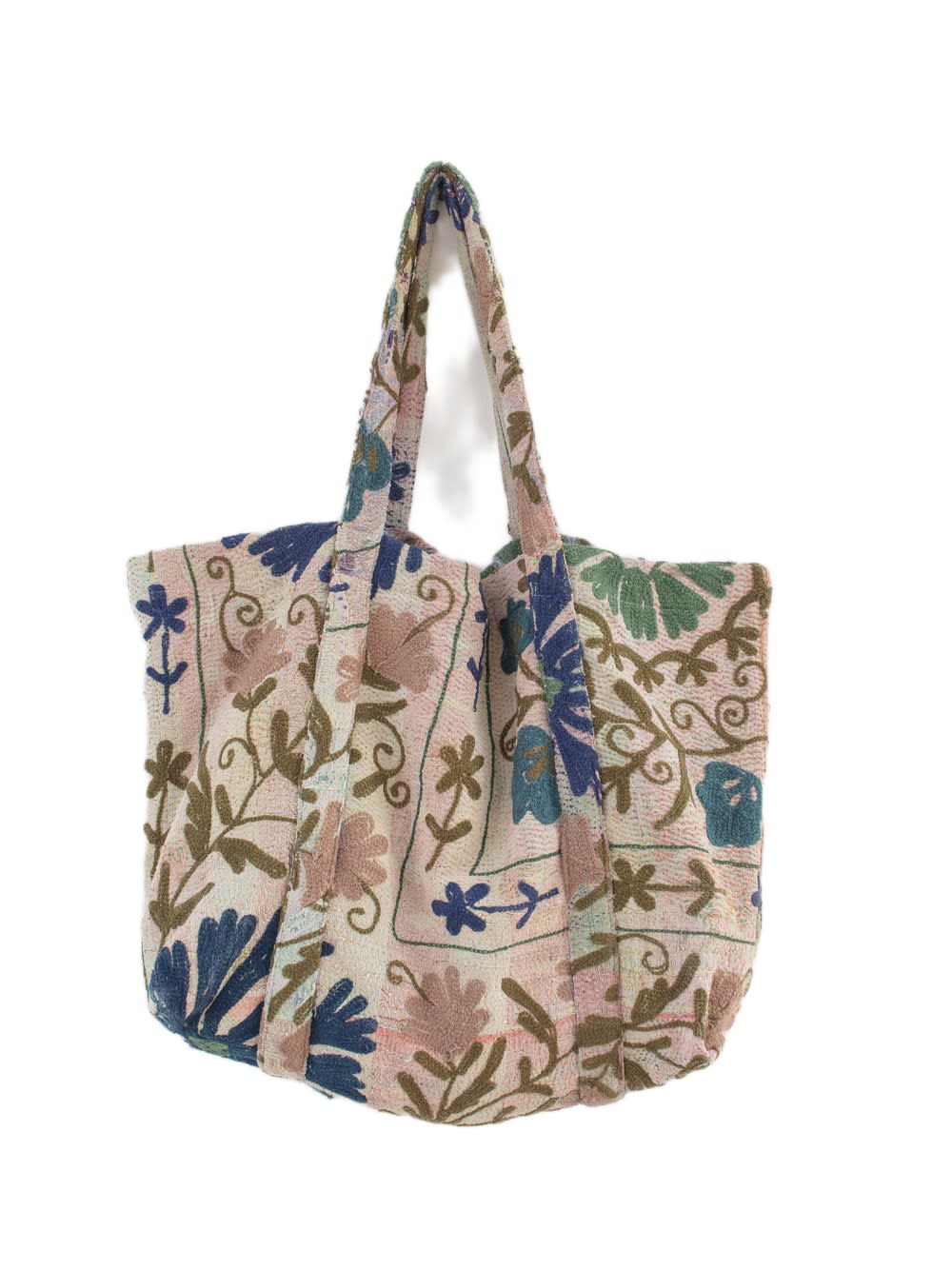 Vintage-Suzani-Strandtasche mit Stickerei in Rosa, Blau und Olivgrün, Vorderansicht