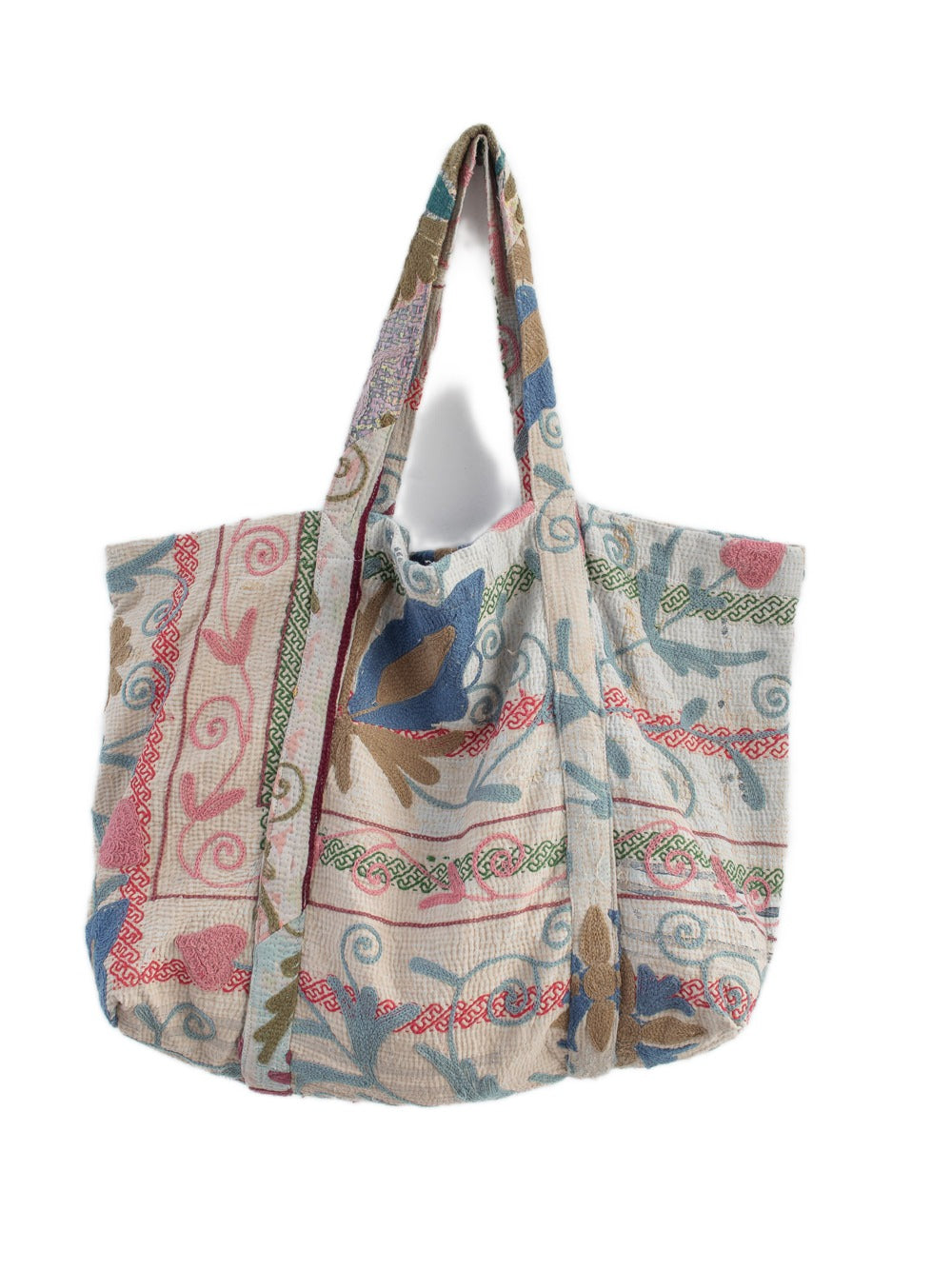Vintage-Suzani-Strandtasche mit Stickerei in Rosa, Blau, Grün und Sand, Vorderansicht