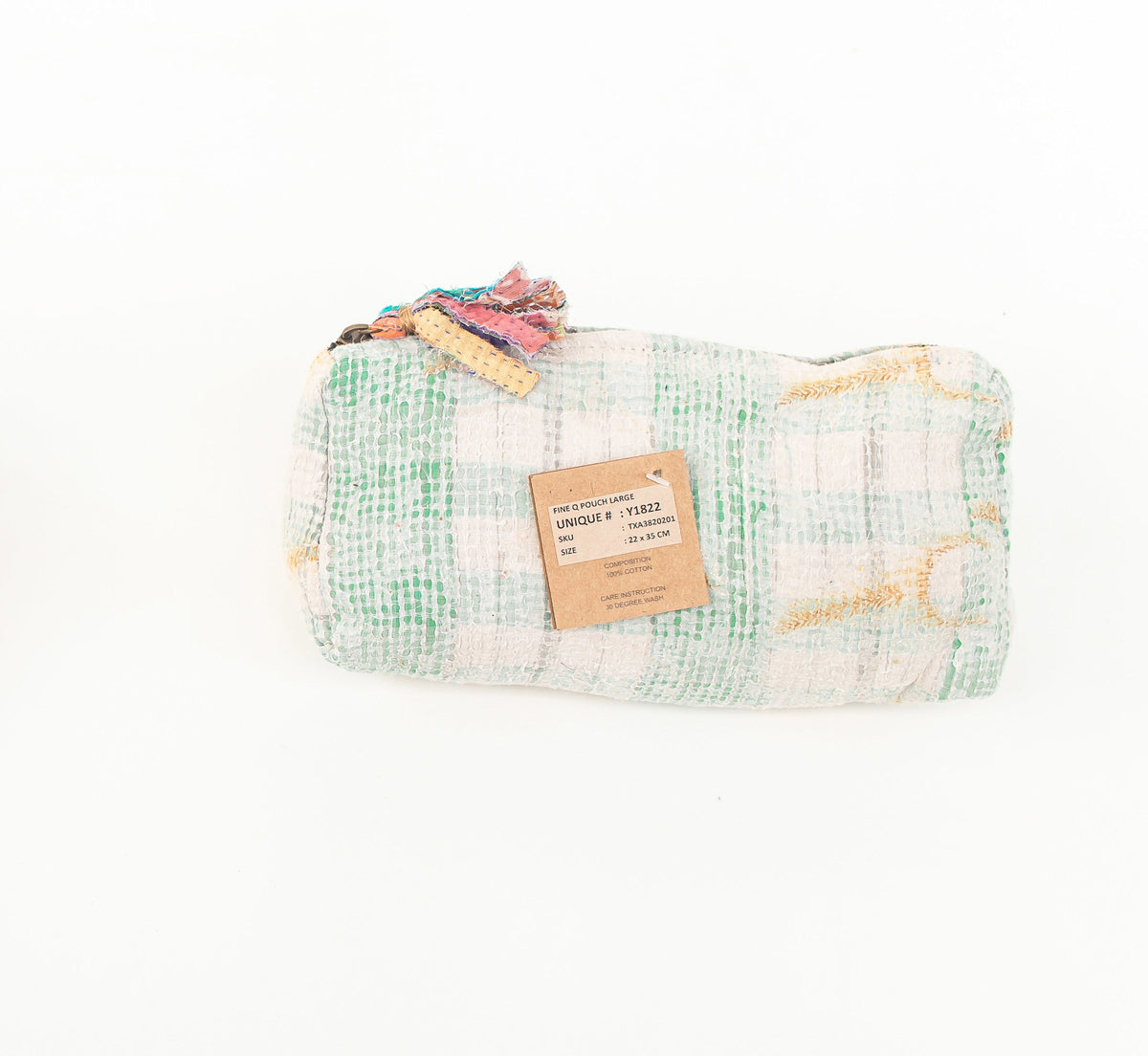 Stor mintgrøn og hvid vævet bomuldspung med lynlås, tekstureret mønster og lynlåstræk i flerfarvet stof, 22 x 35 cm unik håndlavet makeuptaske Y1822