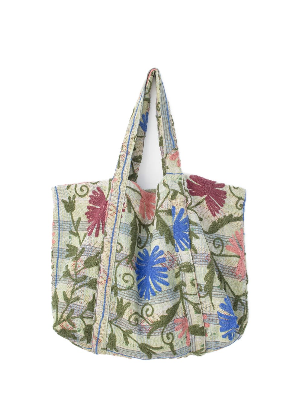 Vintage-Suzani-Strandtasche mit Stickerei in Grün, Rosa und Blau, Vorderansicht