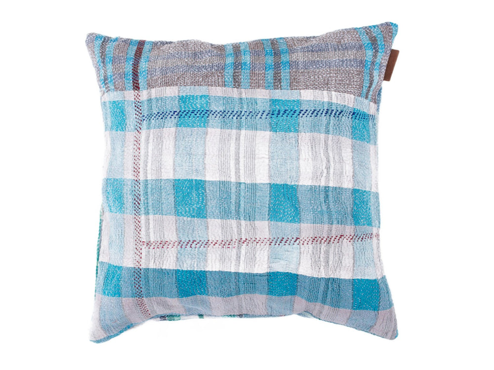 50x50 Sari-Kissenbezug in blau-türkis-grau-weiß kariertem Muster - Vintage/Boho indischer Kissenbezug für Sari-Kissen und Sari-Polster, einzigartige orientalische Kissenbezüge für farbenfrohe ethnische Kissen
