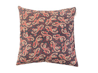 Sari pillowcase 50x50 with dark blue background, red and beige paisley patterns and floral details - unique Indian pillow in boho/vintage style
