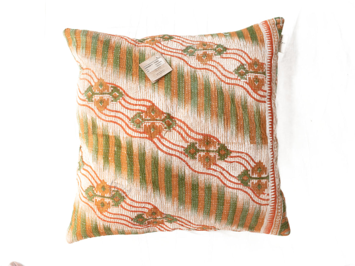 Einzigartiger Sari-Kissenbezug (50 x 50 cm) mit farbenfrohen indischen Mustern in Orange, Grün und Weiß – Vintage-Boho-Sari-Kissen im ethnisch-orientalischen Stil
