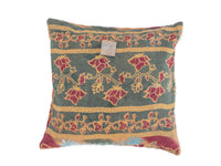 Indian sari pillowcase 50x50 with unique vintage boho pattern in dark green, burgundy, ocher and yellow (sari pillow / sari cushions, upcycled)