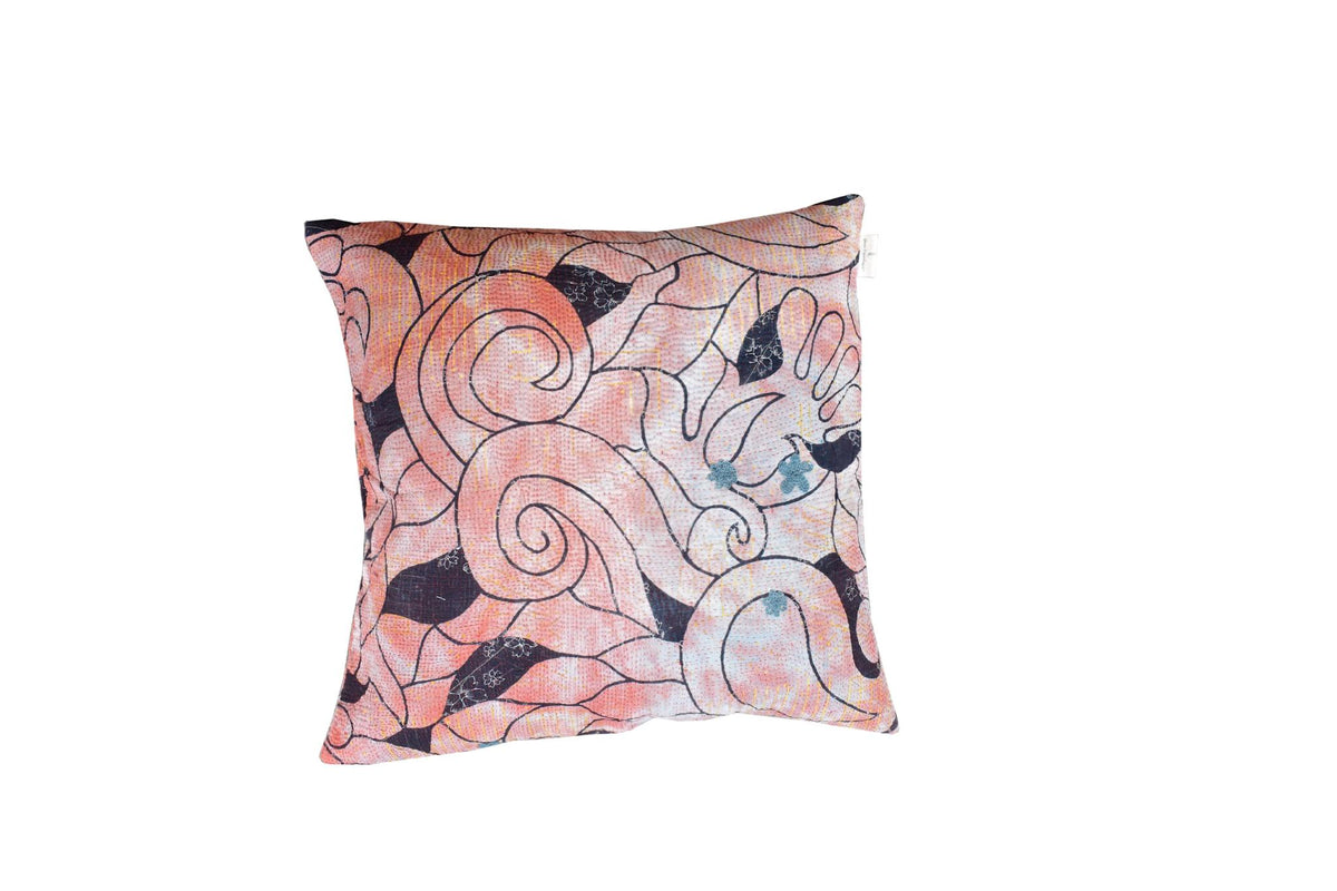 Sari cushion cover 50x50 in pink, peach and beige with black, decorative floral pattern and small blue details - unique vintage oriental boho/sari cushion for sofa and bed.