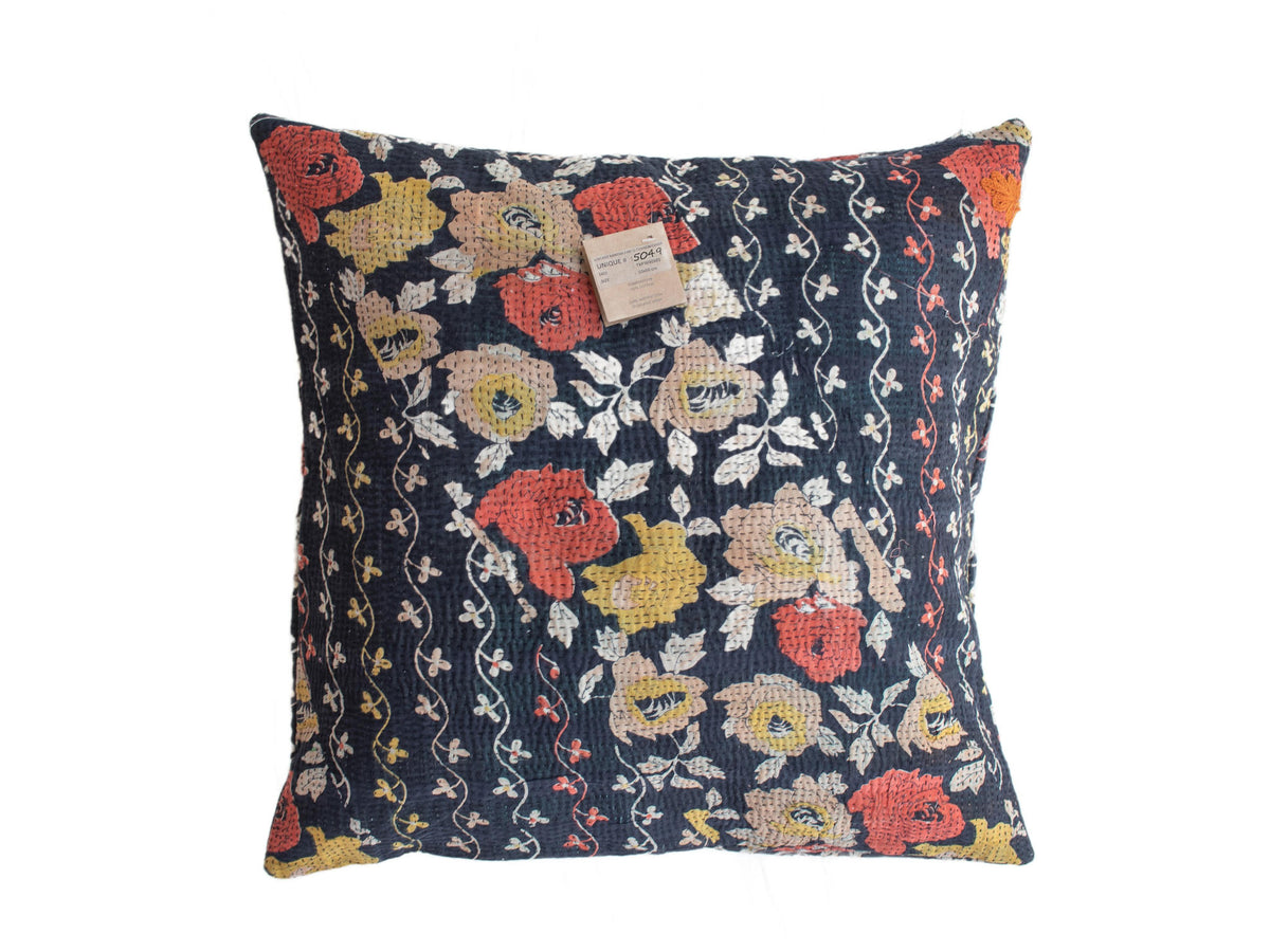 50x50 sari pillowcase in dark blue/black with colorful flowers and oriental patterns in red, yellow and cream - unique bohemian sari pillow