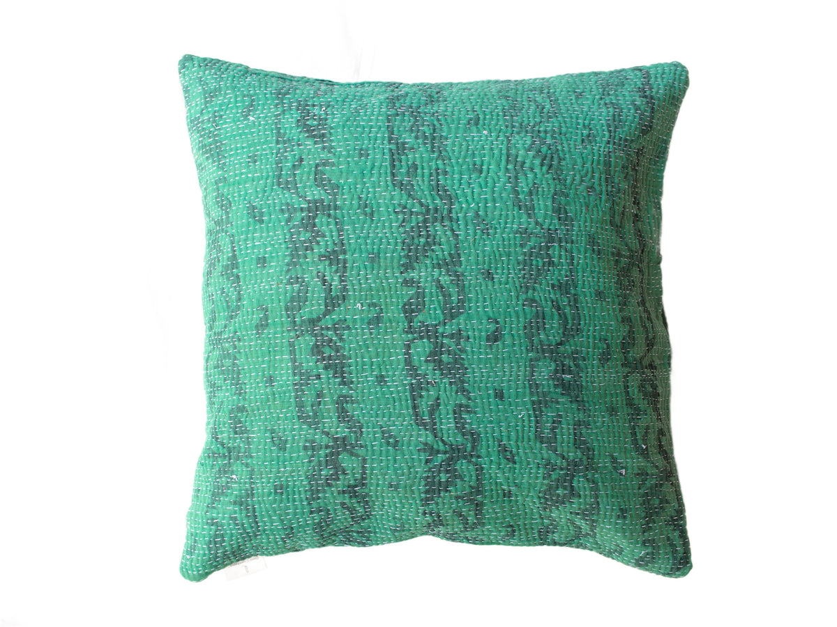 Green sari pillowcase in 50x50 with colorful bohemian-inspired patterns and white/black checks, unique Indian decor for sari pillows and oriental pillows