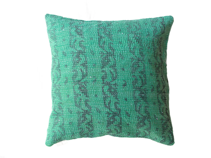 Green sari pillowcase in 50x50 with colorful bohemian-inspired patterns and white/black checks, unique Indian decor for sari pillows and oriental pillows