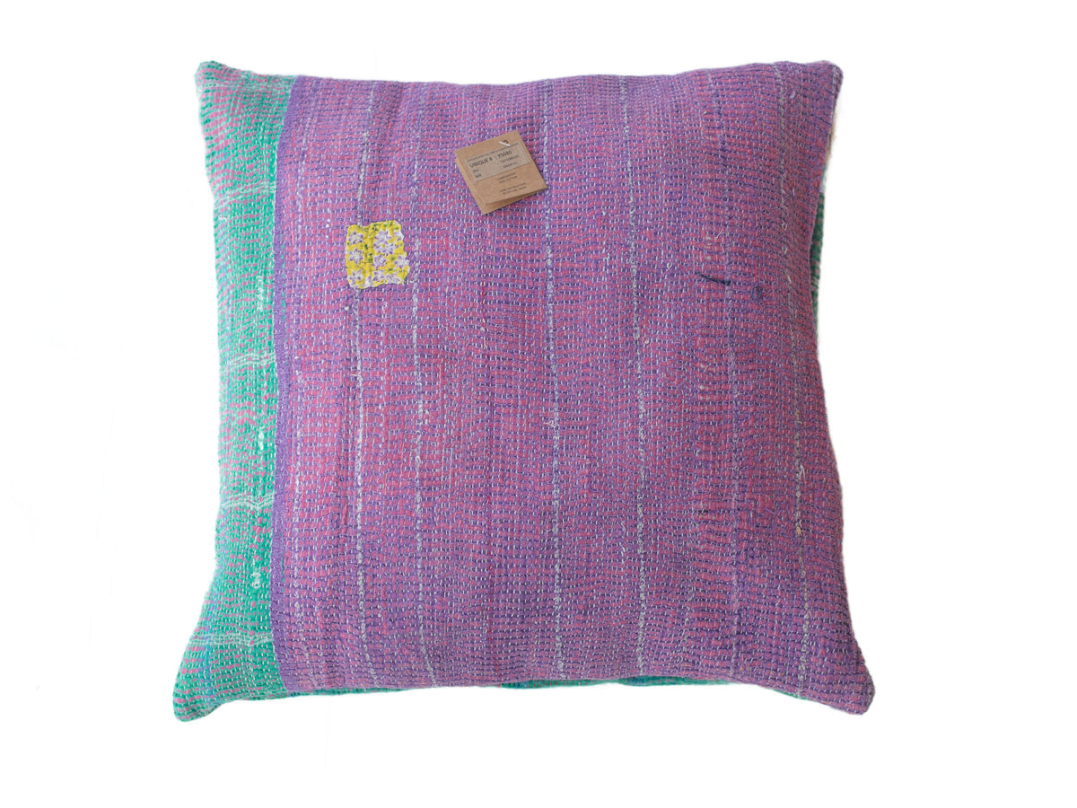 Sari-Kissenbezug 50x50 in Vintage-Lila und Rosa mit Muster, indische ethnische Sari-Kissen im Boho-Stil mit türkisfarbenem Rand und farbenfrohen Details (einzigartiges Kissen)